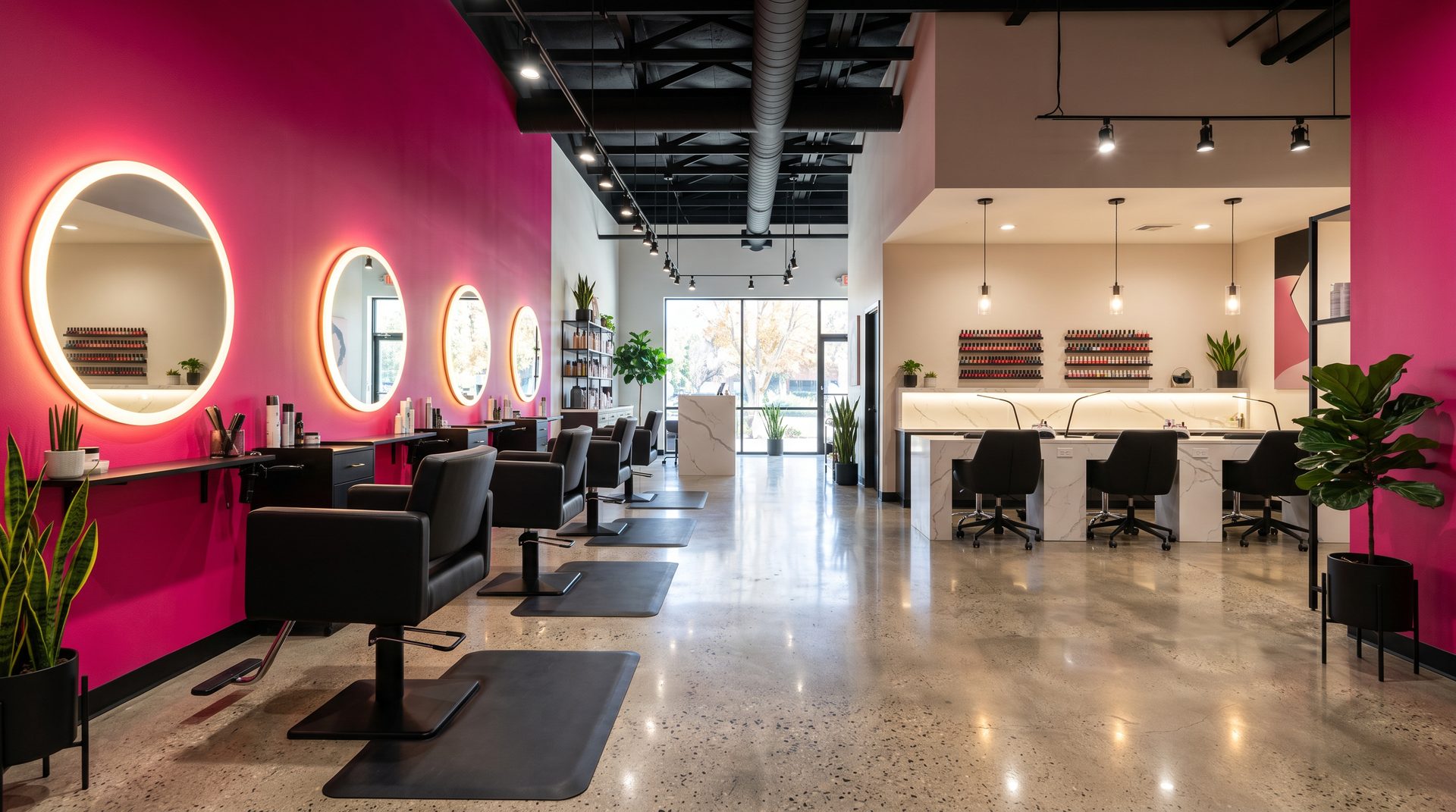 The bold, modern interior of Teaze Hair & Nail Salon in Claremont with black styling chairs and magenta accents