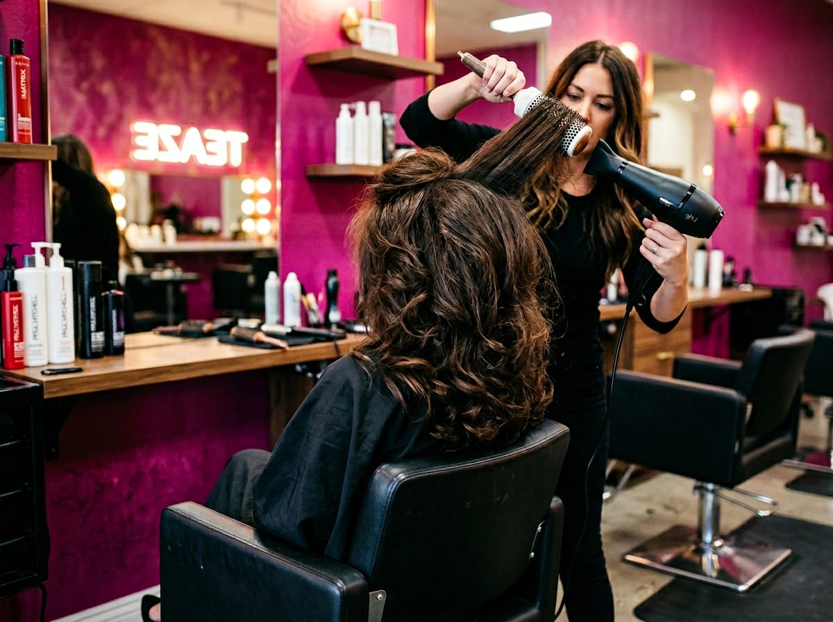 A stylist building a voluminous blowout at Teaze Hair & Nail Salon