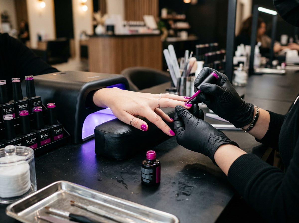 A vivid magenta gel manicure being applied at Teaze Hair & Nail Salon